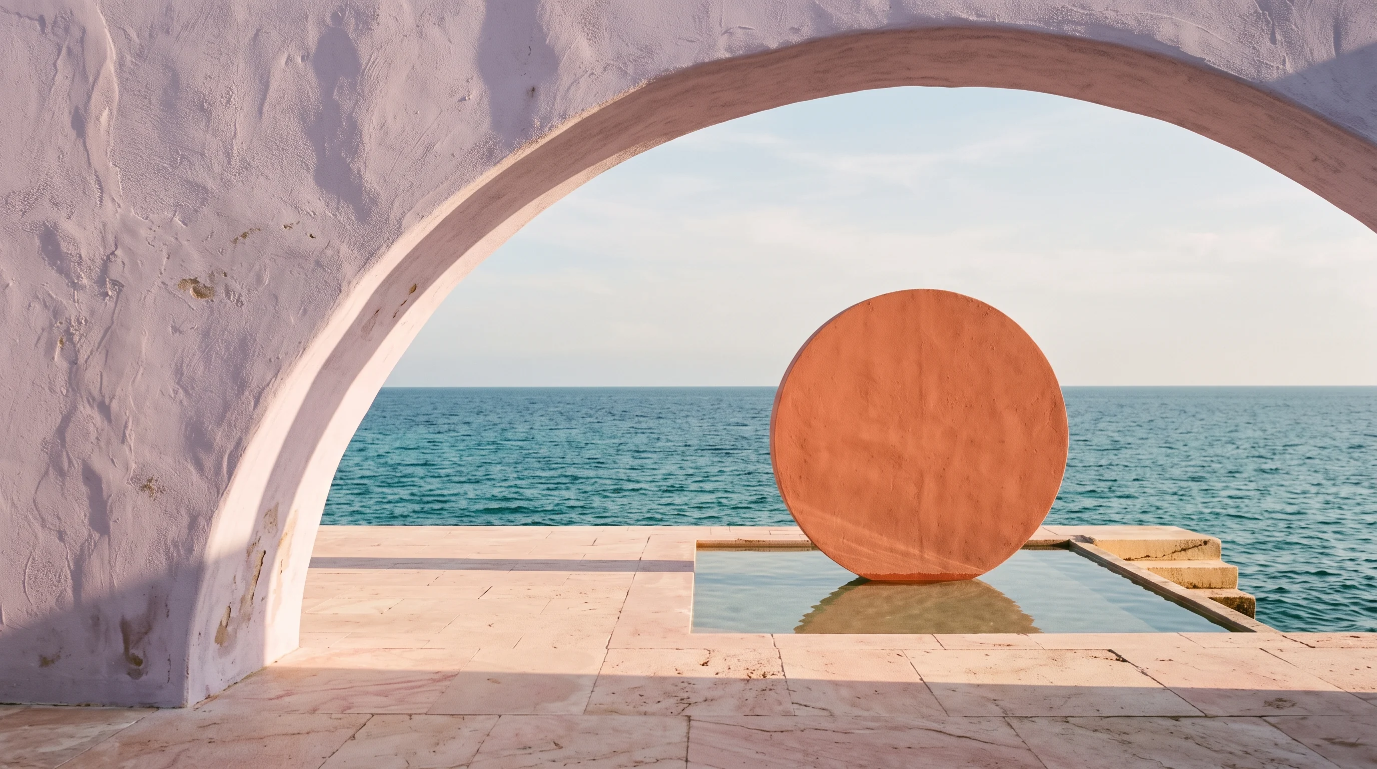A lilac arch frames a terracotta sculpture beside the sea.